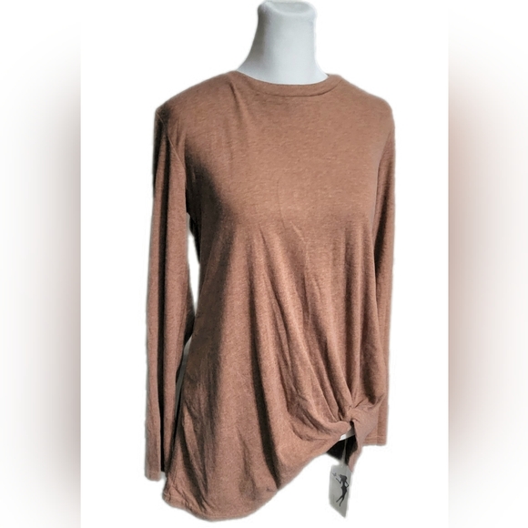 NWT knotted front, asymmetrical hem, long sleeve, soft stretch top, Sz Med brown - Picture 1 of 7